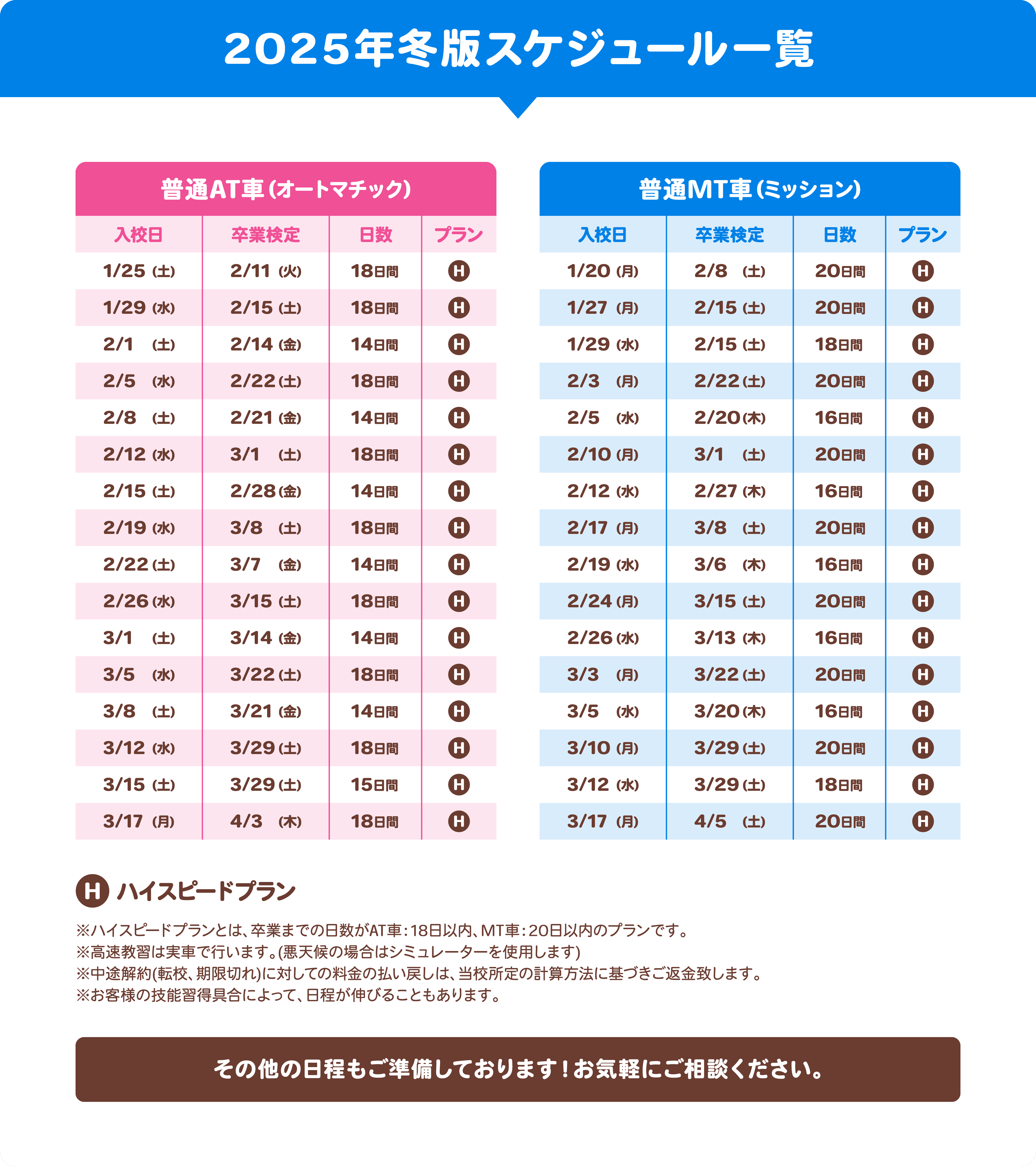 2025年冬版スケジュール一覧