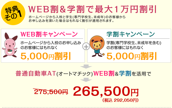 特典その1 WEB割&学割で最大1万円割引