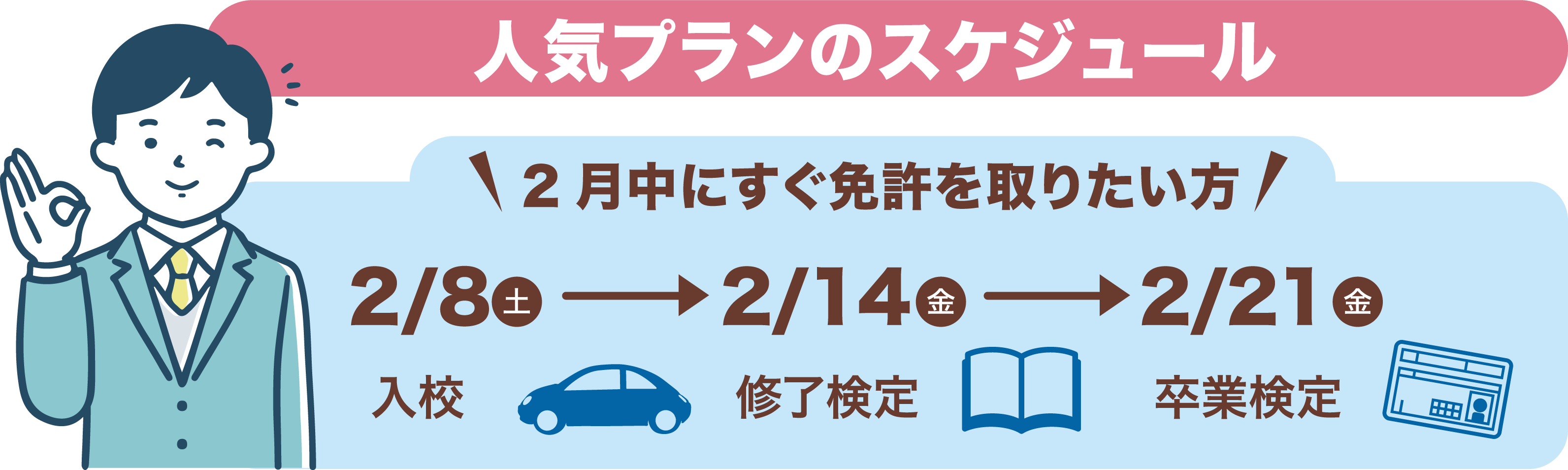 人気プランのスケジュール 2月中にすぐ免許を取りたい方 2/8(土)入校→2/14(金)修了検定→2/21(金)卒業検定