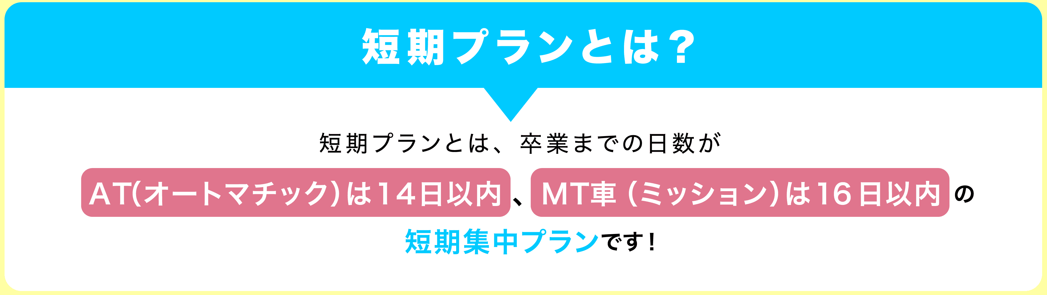 短期プランとは？短期プランとは、卒業までの日数がAT（オートマチック）は14日以内、MT車（ミッション）は16日以内 の短期集中プランです！